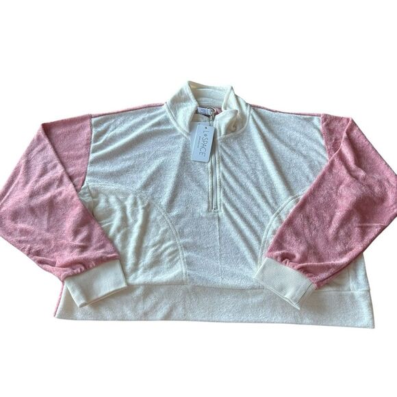 L*Space L Best Life Pullover‎ Pink Cream Terry Sweatshirt Sporty Colorblock New - Picture 3 of 12